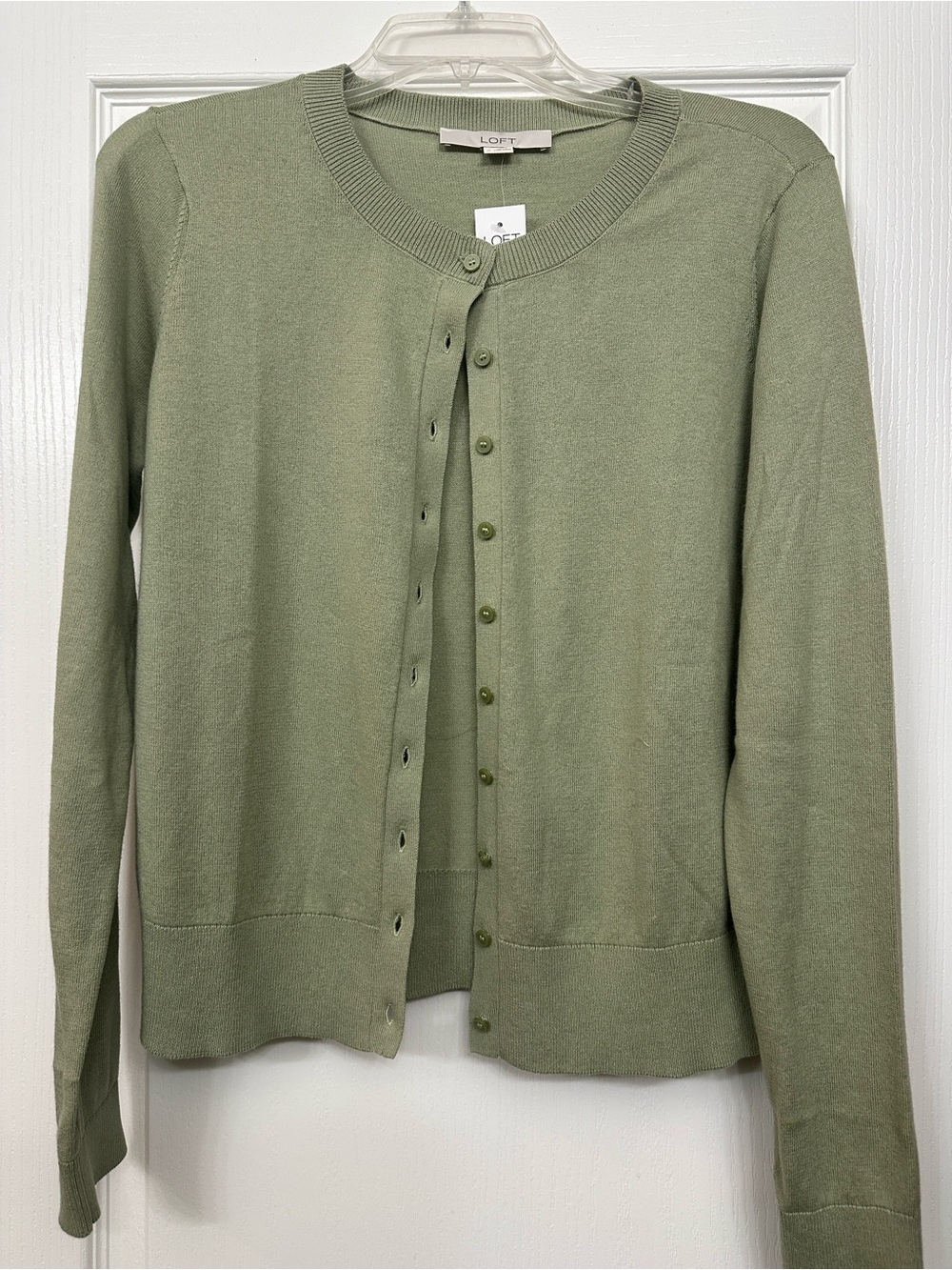 LOFT Sage Green Button-Front Crewneck Cardigan - Picture 3 of 4